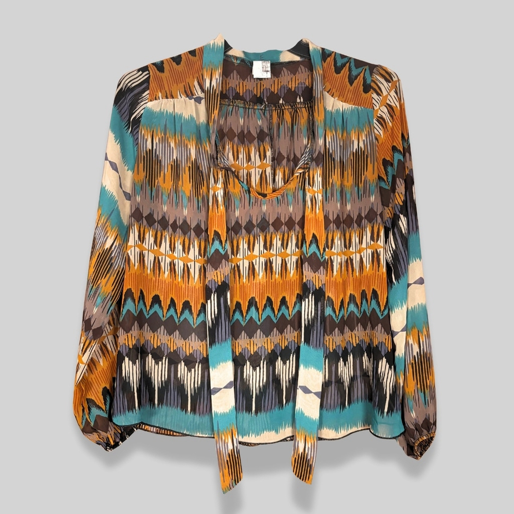 Francesca's Sheer Blouse Geometric Pattern Long Sleeve Tie Neck Multicolor W M